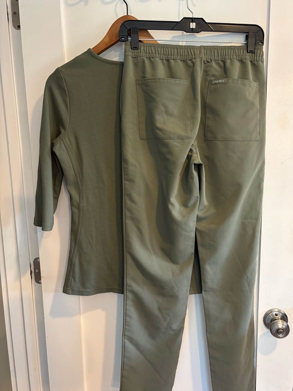Jaanuu Olive Scrub Set S Top XS Pants Knit Twill - Picture 3 of 16